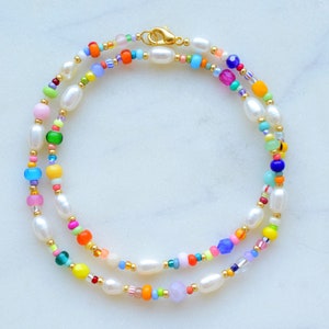 Colorful beaded necklace, freshwater pearl necklace, birthday gift for daughter, mothers day gift for her jewelry, colorful summer jewellery image 1