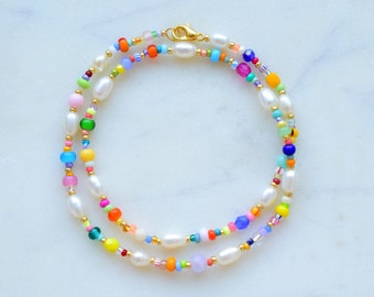 Colorful beaded necklace, freshwater pearl necklace, birthday gift for daughter, mothers day gift for her jewelry, colorful summer jewellery