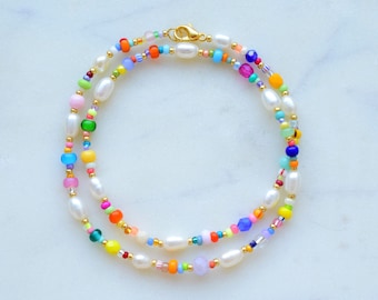Colorful beaded necklace, freshwater pearl necklace, birthday gift for daughter, Valentines gift for her necklace, colorful summer jewellery