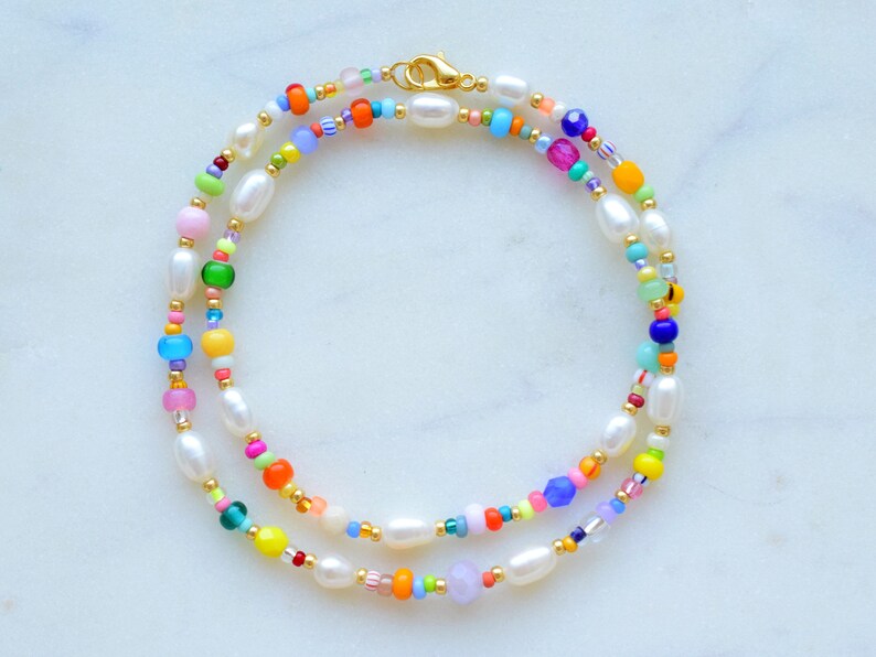 Colorful beaded necklace, freshwater pearl necklace, birthday gift for daughter, mothers day gift for her jewelry, colorful summer jewellery image 1