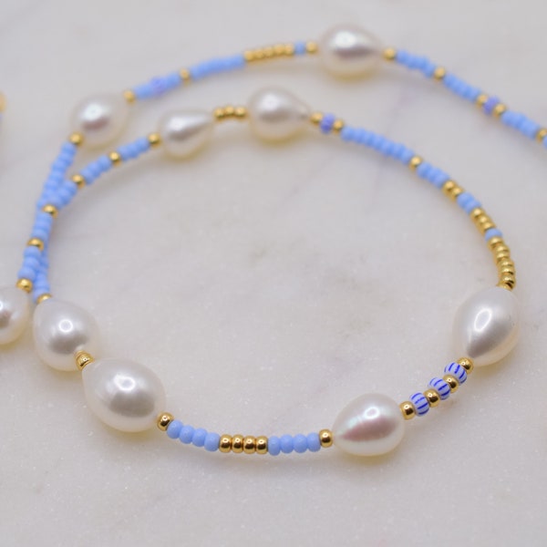 Blue beaded necklace for women, freshwater pearl necklace blue and gold, mothers day gift for her jewelry, birthday gift for girlfriend