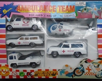 Vintage 80s or 90s Tai Cheong Toys Ambulance Team Die Cast Set of Cars NIB