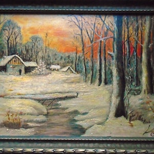 Vintage Oil Painting Folk Art circa 1920s by C.E.M. Canadian Art, Montreal, Winter Scene, Framed