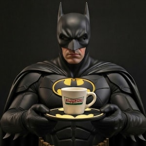 May include: A figure of Batman in a black suit, holding a white mug and a matching plate with a yellow bat symbol. The mug has the Krispy Kreme logo. The background is black.