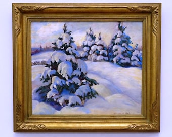 Vintage Edith Walker Slack Original Oil Painting Snow on Evergreens Canadian Artist Winter Scene 1950s