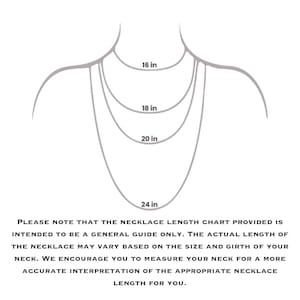 May include: A diagram showing different necklace lengths in inches. The lengths are 16 inches, 18 inches, 20 inches, and 24 inches. The text below the diagram reads: "PLEASE NOTE THAT THE NECKLACE LENGTH CHART PROVIDED IS INTENDED TO BE A GENERAL GUIDE ONLY. THE ACTUAL LENGTH OF THE NECKLACE MAY VARY BASED ON THE SIZE AND GIRTH OF YOUR NECK. WE ENCOURAGE YOU TO MEASURE YOUR NECK FOR A MORE ACCURATE INTERPRETATION OF THE APPROPRIATE NECKLACE LENGTH FOR YOU."