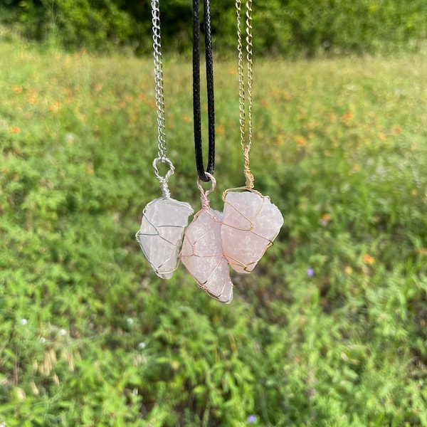 Raw Rose Quartz Necklace | Customizable, Wire Wrapped, & Reiki Charged for Love, Emotional Healing, and Harmony (B)