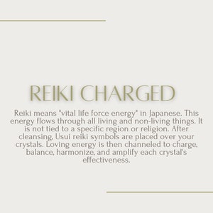 May include: Text on a white background explaining that Reiki is a vital life force energy that flows through all living and non-living things. It is not tied to a specific region or religion. Reiki symbols are placed over crystals to charge, balance, harmonize, and amplify their effectiveness.