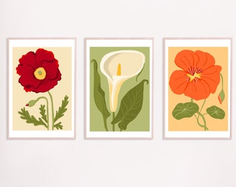 Set of 3 vintage style flower prints, botanical flower art prints, red poppy, calla lily and orange nasturtium