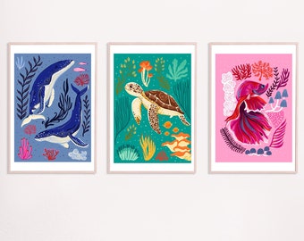 Set of 3 Sea creatures, ocean animals, sea life, marine life, marine animals, nautical prints, whale, turtle and fish