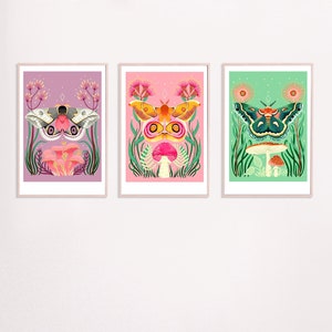 Set of three A3 size Silk moth illustration print, digital download print, moth,  bugs, nature, witchy art, cottagecore, mystical moth print