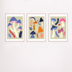 Mushroom Art Print set of 3 prints -  A3 digital download print - digital illustration set of 3 colourful mushroom, fungi art prints