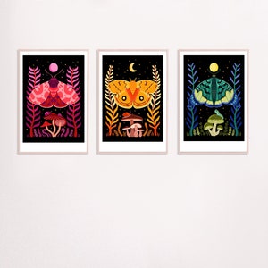 Set of three A3 size Silk moth illustration print, digital download print, moth,  bugs, nature, witchy art, cottagecore, mystical moth print