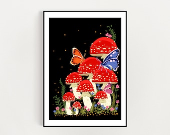 Midnight Red mushrooms with butterflies   a4 /A3  digital download print - mushrooms art print, printable  A3 / A4