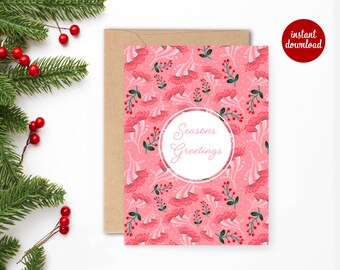 Printable Australian Christmas card 5 x 7, illustrated Aussie Christmas, Australian native flowers card, flowering gum blossoms holiday card