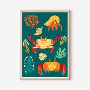 Cute crabs and coral A3, A4 size digital download print - cute crabs digital illustration, art for kids rooms