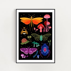 Insect collectie art print digitale print, mystieke kunst, insect, kever, slak, paddenstoelen, bij, donkere botanische, grillige insectenposter