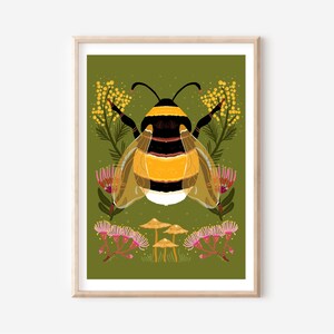 Bumble bee, native australian flowers, botanical illustrated print, bee, insects, bugs, nature inspired, wattle flowers