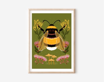 Bumble bee, native australian flowers, botanical illustrated print, bee, insects, bugs, nature inspired, wattle flowers