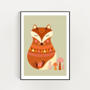 Impresión de arte folk Fox, arte mural popular, impresión de arte de descarga digital, impresión de arte de descarga instantánea de tamaño A4 y A3