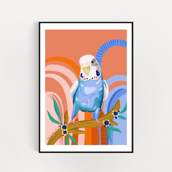 Blue budgie art print, small print version  A4 / A5 digital download print - digital illustration art print