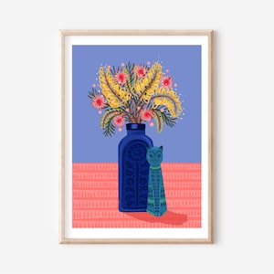 Grevillea Still life, ceramic cat mid century modern - Australian native  flower still life digital illustration art print / A3 / A4