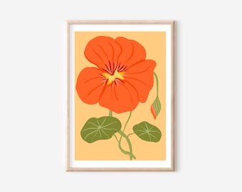 Orange Nasturtium  flower art print, flower illustration, floral home decor, nasturtium  poster, flower wall art, botanical illustration