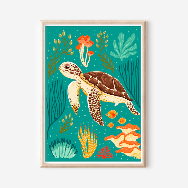 Cute sea turtle A3, A4 size digital download print - turtle digital illustration, art for kids rooms