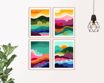 SET OF 4  x A3 Colourful geometric abstract art collection.  Digital download prints - pretty rainbow hills abstract digital art prints