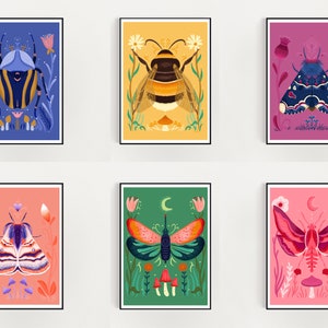 SET OF 6 Insects, bugs, bee, moth -  5 x 7 digital download prints - peach moth, bumble bee, moon bug, beetle original illustrations