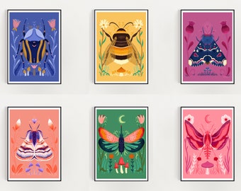 SET OF 6 Insects, bugs, bee, moth -  5 x 7 digital download prints - peach moth, bumble bee, moon bug, beetle original illustrations