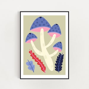 Pretty Blue Mushrooms Art Print A4 / A3 descarga digital impresión - ilustración digital arte impresión