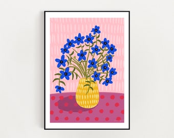 Blue flowers in yellow vase a4 /A3  digital download print - blue flowers still life digital illustration art print A3 / A4