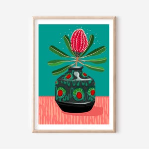 Banksia Still life,  mid century modern vase - Australian native  flower still life digital illustration art print / A3 / A4