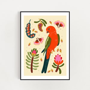 Australian king parrot and native flowers art print  A4 / A3 digital download print - King parrot bird digital illustration art print