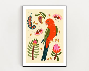 Australian king parrot and native flowers art print  A4 / A3 digital download print - King parrot bird digital illustration art print