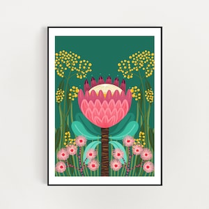 Australian Protea and wattle native flower art print  a4 /A3  digital download print