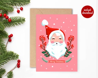 Printable Cute Christmas Cards, illustrated Jolly Santa card, Merry Christmas, festive Santa, holiday card, printable Christmas card