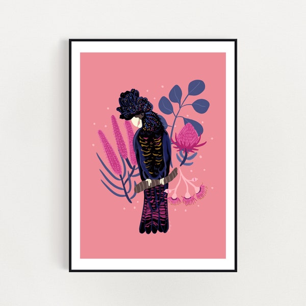 Pretty Black Cockatoo botanical art print  A4 / A3 digital download print