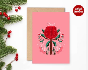 Printable Australian Christmas card 5 x 7 , illustrated Aussie Christmas, Australian native flowers card, Australian banksia holiday card