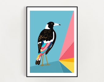 Elster Kunstdruck A4/A3 Digital Download Druck - Moderne Elster australischer Vogel digitale Illustration Kunstdruck