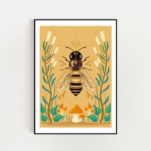 Golden Bee print, bee print, insects and flowers, nature inspired, botanical art print, bees and flowers illustrated print