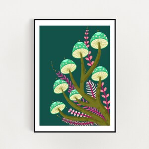 Smaragdgrün Pilze Kunstdruck A4 / A3 digitaler Download Druck - digitale Illustration Kunstdruck
