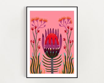 Australian native King Protea art print  a4 /A3  digital download print - protea flora digital illustration art print A3 / A4