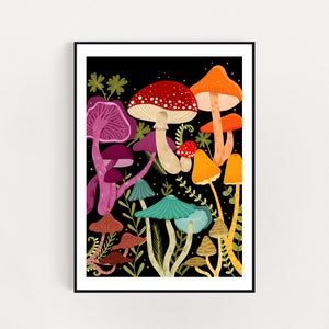 Rainbow Mushrooms, plants and ferns  a4 /A3  digital download print - mushrooms art print, printable  A3 / A4