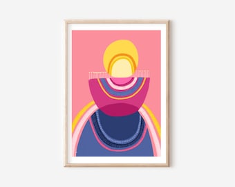 Abstract geometric art print, shapes, minimalist, modern, colourful wall art, pink, blue and yellow, A3/A4 digital download print