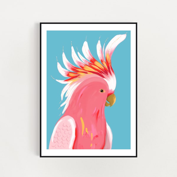 Major mitchell Cockatoo art print, digital download print - major mitchell pink cockatoo bird illustration art print