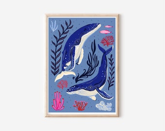 Whale, sea creatures, humpback whale  A3, A4 size digital download print - whale digital illustration, art for kids rooms