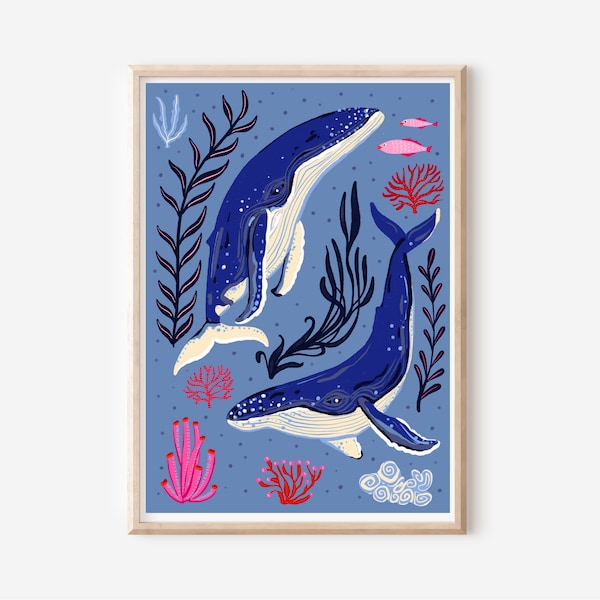 Whale, sea creatures, humpback whale  A3, A4 size digital download print - whale digital illustration, art for kids rooms