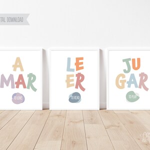 Ensemble de 3 estampes pastel bilingue anglais/espagnol pour chambre à coucher, crèche, salle de jeux ou école à la maison, estampes de classe, art mural. Amour,Jouer,Lire